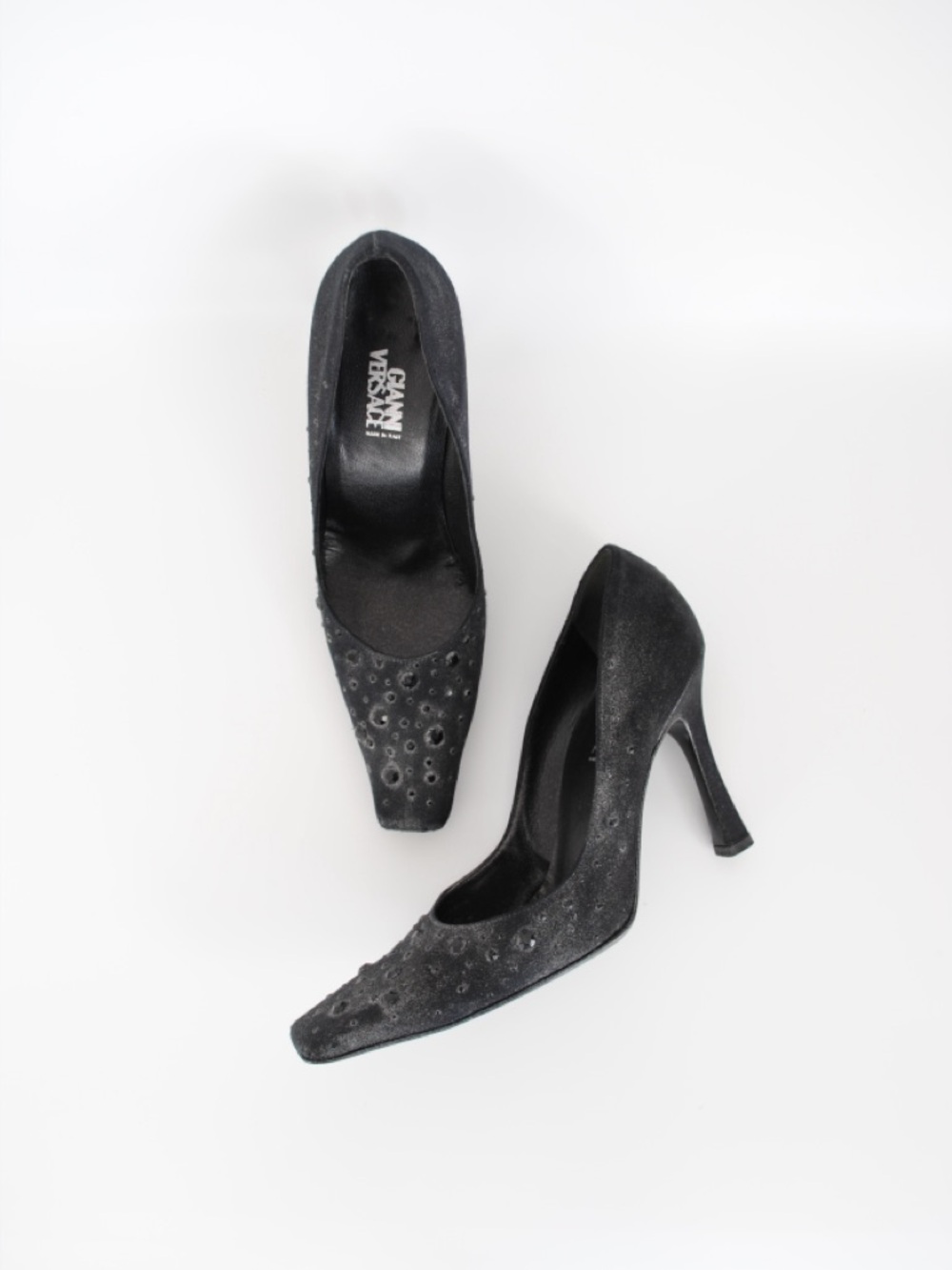 Versace Black Embellished Square Toe Heels
